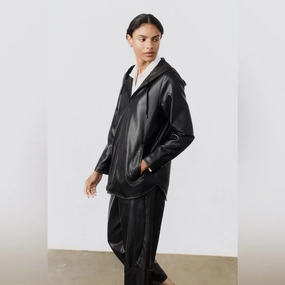 $349 RUTI Black Vegan Leather Hooded Jacket, Size 6 - Picture 3 of 8